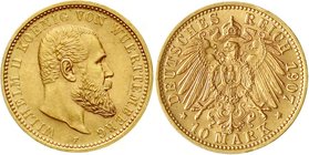 Reichsgoldmünzen
Württemberg
Wilhelm II., 1891-1918
10 Mark 1907 F. vorzüglich/Stempelglanz