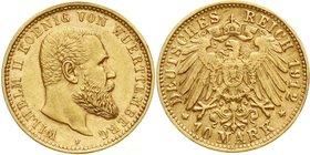 Reichsgoldmünzen
Württemberg
Wilhelm II., 1891-1918
10 Mark 1912 F. Seltenes Jahr.
vorzüglich/Stempelglanz
