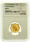Reichsgoldmünzen
Württemberg
Wilhelm II., 1891-1918
10 Mark 1913 F im NGC-Blister mit der Bewertung MS 61. Seltener Jahrgang