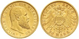 Reichsgoldmünzen
Württemberg
Wilhelm II., 1891-1918
20 Mark 1894 F. vorzüglich, kl. Kratzer