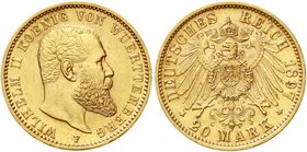 Reichsgoldmünzen
Württemberg
Wilhelm II., 1891-1918
20 Mark 1897 F. vorzüglich/Stempelglanz
