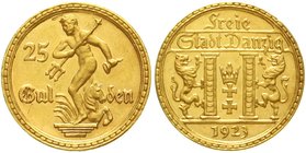 Gold der deutschen Kolonien u. Nebengebiete
Danzig
Freie Stadt, 1920-1939
25 Gulden 1923. vorzüglich/Stempelglanz aus Erstabschlag/Polierte Platte,...