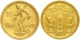 Gold der deutschen Kolonien u. Nebengebiete
Danzig
Freie Stadt, 1920-1939
25 Gulden 1923. fast Stempelglanz, min. Prüfspur am Rand, selten
