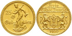 Gold der deutschen Kolonien u. Nebengebiete
Danzig
Freie Stadt, 1920-1939
25 Gulden 1930. prägefrisch, Kratzer