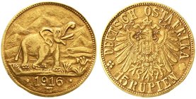 Gold der deutschen Kolonien u. Nebengebiete
Deutsch-Ostafrika
Notmünzen aus Tabora, 1916
15 Rupien 1916 T. Elefant. Grosse Arabeske endet unter T....