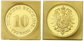 Proben
Verprägungen, Besonderheiten aus Gold, Reichskleinmünzen
Klippenförmige Goldprägung Motiv des 10 Pfennig 1873 G, jedoch von neuen Stempeln. U...