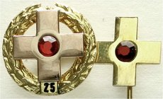Orden und Ehrenzeichen aus Gold
Deutschland
Bundesrepublik Deutschland
Rotes Kreuz, 2 Abzeichen: Mitgliedsnadel und Nadel für 25 Jahre Mitgliedscha...