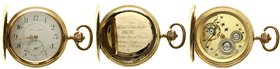 Uhren aus Gold
Taschenuhren
Herrensavonette Gelbgold 585, um 1900. Ankerhemmung mit 16 Steinen. Schweizer Gehäuse mit deutschem Importstempel und zu...