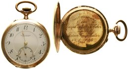 Uhren aus Gold
Taschenuhren
Herrentaschenuhr "open face", graviert 1916. Gelbgold 585. Hersteller UNION HORLOGERIE (Alpina). Monogramm "TH", Widmung...