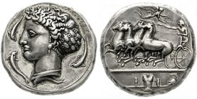 Altgriechische Münzen
Sizilien
Syracus, Dionysios I., 405-367 v. Chr
Gute Juweliers-Replik zur Dekadrachme des Euainetos, 40,69 g.
vorzüglich