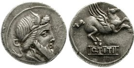 Römische Münzen
Römische Republik
Q. Titius, 90 v.Chr
Denar 90 v.Chr. Kopf des Liber n.r./Q.TITI. Geflügeltes Pferd (Pegasus?) n.r.
sehr schön/vor...