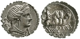 Römische Münzen
Römische Republik
C. Naevius Balbus, 79 v. Chr
Denar Serratus 79 v. Chr. Kopf der Iuno Moneta(?) n.r., l. SC/C. NAE. BALB. Victoria...