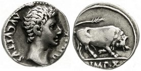 Römische Münzen
Kaiserzeit
Augustus 27 v. Chr. bis 14 n. Chr
Denar 15/13 v. Chr. Lugdunum. AVGVSTVS DIVI F. Kopf r./angreifender Stier r., im Absch...