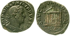 Römische Münzen
Kaiserzeit
Philippus I. Arabs, 244-249
Sesterz 247/248. Drap., bel. Brb. r./SAECVLVM NOVVM SC. Tempel der Roma.
gutes sehr schön...