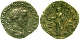 Römische Münzen
Kaiserzeit
Volusianus 251-253
Sesterz 251/253. Belorb., drap. Brb. r./CONCORDIA AVGG SC. Concordia steht l.
fast sehr schön