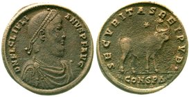 Römische Münzen
Kaiserzeit
Julianus II., 355-363
Doppelmaiorina 360/363 Constantinopel, 4. Offizin. Diad., drap. Büste r./Stier r., darüber 2 Stern...