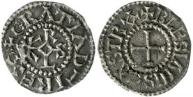 Karolinger
Karl der Kahle
840-877
Pfennig o.J. Blois. +GRATIA D - I REX. Karolus-Monogramm/+BLESIANIS CASTRO. Kreuz.
sehr schön