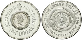 Ausländische Münzen und Medaillen
Australien
Elisabeth II., seit 1952
Holey-Dollar Set: 1989 1 Dollar Holey mit 25 Cents Mittelstück im Originalbli...
