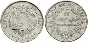 Ausländische Münzen und Medaillen
Bolivien
Republik, seit 1825
Boliviano 1872 PTS FE, mit Stempelfehler L über E in LA.
gutes vorzüglich, selten...
