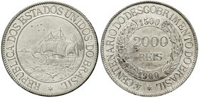 Ausländische Münzen und Medaillen
Brasilien
Republik, 1889 bis heute
2000 Reis 1900. Auf den 400. Jahrestag der Entdeckung.
vorzüglich, kl. Kratze...