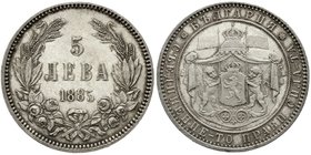 Ausländische Münzen und Medaillen
Bulgarien
Alexander I. als Prinz, 1879-1886
5 Lewa 1885. vorzüglich/Stempelglanz, kl. Kratzer