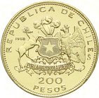 Ausländische Münzen und Medaillen
Chile
Republik, seit 1818
Probeabschlag der Rückseite des 200 Pesos 1968, Aluminium vergoldet. Rs. = Vs. incuse. ...