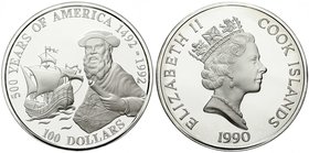 Ausländische Münzen und Medaillen
Cookinseln
Britisch, seit 1773
100 Dollars (5 Unzen Silber) 1990. 500 Jahre Amerika, Ferdinand Magellan vor Karac...