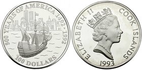 Ausländische Münzen und Medaillen
Cookinseln
Britisch, seit 1773
100 Dollars (5 Unzen Silber) 1993. 500 J. Entdeckung Amerikas. Segelschiff vor Sky...