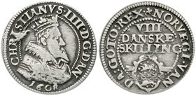 Ausländische Münzen und Medaillen
Dänemark
Christian IV., 1588-1648
VIII Danske Skilling 1608. sehr schön, Stempelfehler
