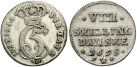Ausländische Münzen und Medaillen
Dänemark
Christian V., 1670-1699
8 Skilling 1695 Glückstadt. sehr schön
