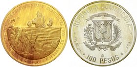 Ausländische Münzen und Medaillen
Dominikanische Republik
seit 1844
100 Pesos 1988. Entdeckung Amerikas/Eingeborene begrüssen die Flotte. 5 Unzen S...