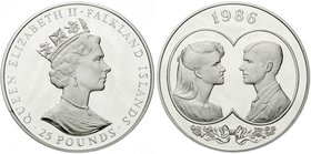 Ausländische Münzen und Medaillen
Falkland Inseln
Britisch
25 Pounds Silber 1986. Hochzeit von Prinz Andrew und Sarah Ferguson. 150 g., 925er Silbe...