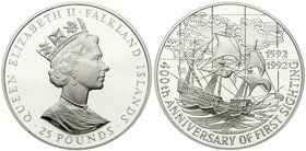 Ausländische Münzen und Medaillen
Falkland Inseln
Britisch
25 Pounds (5 Unzen Silber) 1992. H.M.S. Desire vor Inselkarte. 155.6 g, 65 mm. Auflage 2...