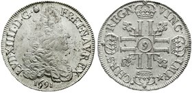 Ausländische Münzen und Medaillen
Frankreich
Ludwig XIV., 1643-1715
Ecu aux 8 L 1691, Mzz. 9, Rennes. Ohne Überprägungsspuren ! Geprägt mit leicht ...