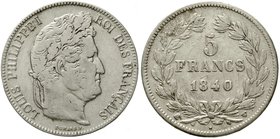 Ausländische Münzen und Medaillen
Frankreich
Louis Philippe I., 1830-1848
5 Francs 1840 W, Lille, Mmz. Freiheitsmünze. schön/sehr schön, selten...