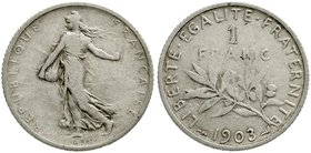 Ausländische Münzen und Medaillen
Frankreich
Dritte Republik, 1870-1940
1 Franc 1903. schön/sehr schön, seltenes Jahr