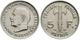 Ausländische Münzen und Medaillen
Frankreich
Etat Francais, 1940-1944
5 Francs 1941. Marschall Petain. Kupfer/Nickel.
gutes vorzüglich, selten