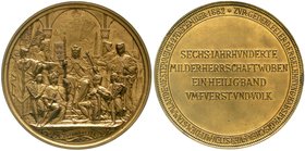Römisch Deutsches Reich
Haus Habsburg
Franz Joseph I., 1848-1916
Vergoldete Bronzemedaille 1882 v. A. Scharff. 600 Jahrf. d. Belehnung habsburger F...