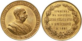 Römisch Deutsches Reich
Haus Habsburg
Franz Joseph I., 1848-1916
Vergoldete Bronzemedaille 1891 von Tautenhayn und Christlbauer. Besuch in Smichow,...