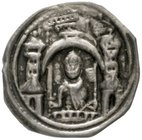 Altdeutsche Münzen und Medaillen
Anhalt
Albrecht der Bär, 1134-1170
Brakteat o.J. Hüftbild des Markgrafen mit Schwert und Fahne über Mauerbogen, da...