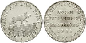 Altdeutsche Münzen und Medaillen
Anhalt-Bernburg
Alexander Carl, 1834-1863
Ausbeutetaler 1855 A. Kratzer, sonst EA, berieben