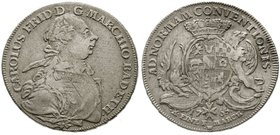 Altdeutsche Münzen und Medaillen
Baden-Durlach
Karl Friedrich, 1738-1806
Konventionstaler 1765, Durlach. Wappengestell gestrichelt.
sehr schön, le...