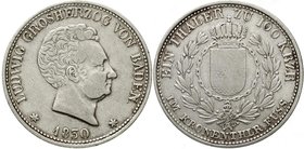 Altdeutsche Münzen und Medaillen
Baden-Durlach
Ludwig, 1818-1830
Taler zu 100 Kreuzern 1830. sehr schön, übl. Prägeschwäche