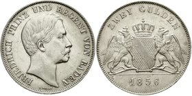 Altdeutsche Münzen und Medaillen
Baden-Durlach
Friedrich I., 1852-1907
Doppelgulden 1856. vorzüglich/Stempelglanz, winz. Kratzer, selten in dieser ...