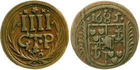 Altdeutsche Münzen und Medaillen
Bentheim-Tecklenburg-Rheda
Johann Adolph, 1674-1704
IIII Pfennig 1685 GTP für Tecklenburg.
sehr schön