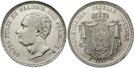Altdeutsche Münzen und Medaillen
Waldeck
Georg Heinrich, 1813-1845
Konventionstaler 1813 FW, Arolsen. Randschrift: KRONTHALER und 44 (!) Rosetten....