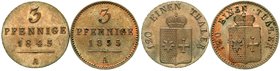 Altdeutsche Münzen und Medaillen
Waldeck
Lots
2 Stück: 3 Pfennig Kupfer 1845 A und 1855 A.
vorzüglich/Stempelglanz und vorzüglich