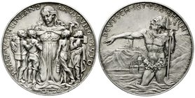Medaillen
Münchner Medailleure, Karl Goetz
Silbermedaille 1930 auf die Pfalz-und Rheinlandräumung. 36 mm, 19,71 g.
vorzüglich, schöne Patina