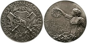 Medaillen
Schützenmedaillen, Schweiz, Bern
Silbermedaille 1903 a.d. Kantonal-Schützenfest in Biel. 45 mm, 38,3 g.
vorzüglich