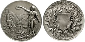 Medaillen
Schützenmedaillen, Schweiz, Fribourg
Silbermedaille 1905 auf das kantonale Schützenfest, 33 mm, 17,35 g.
vorzüglich